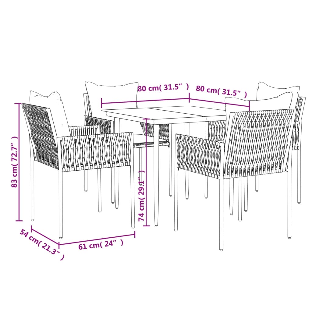 5-tlg. Garten-Essgruppe mit Kissen Poly Rattan und Stahl