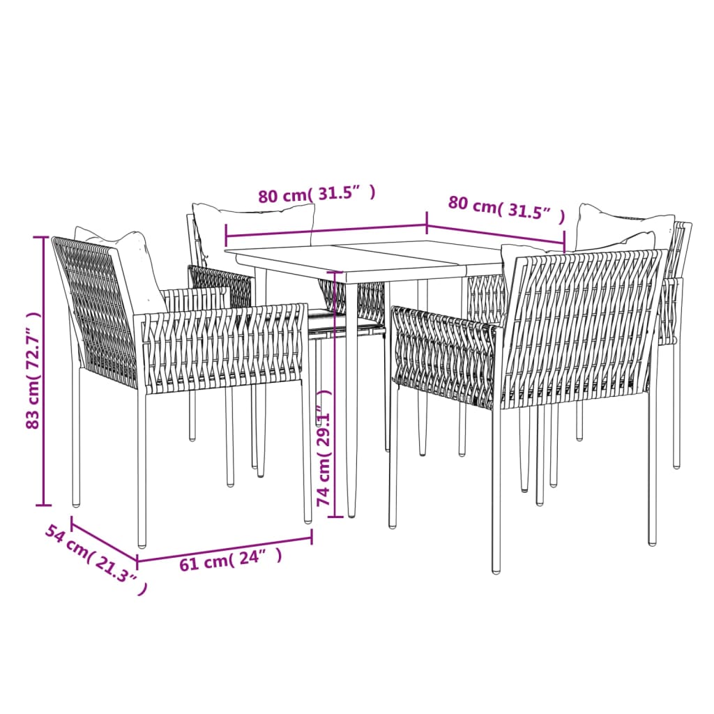 5-tlg. Garten-Essgruppe mit Kissen Poly Rattan und Stahl