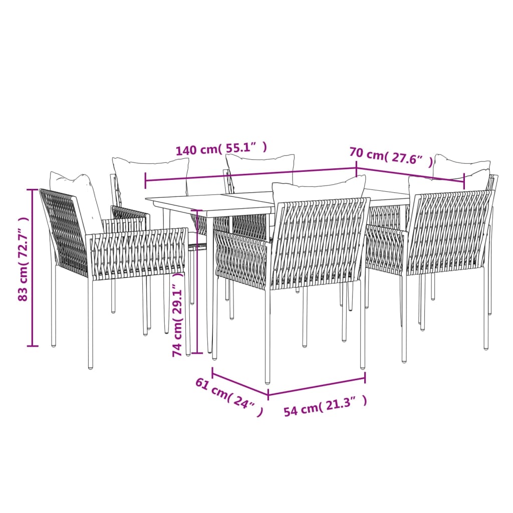 7-tlg. Garten-Essgruppe mit Kissen Poly Rattan und Stahl