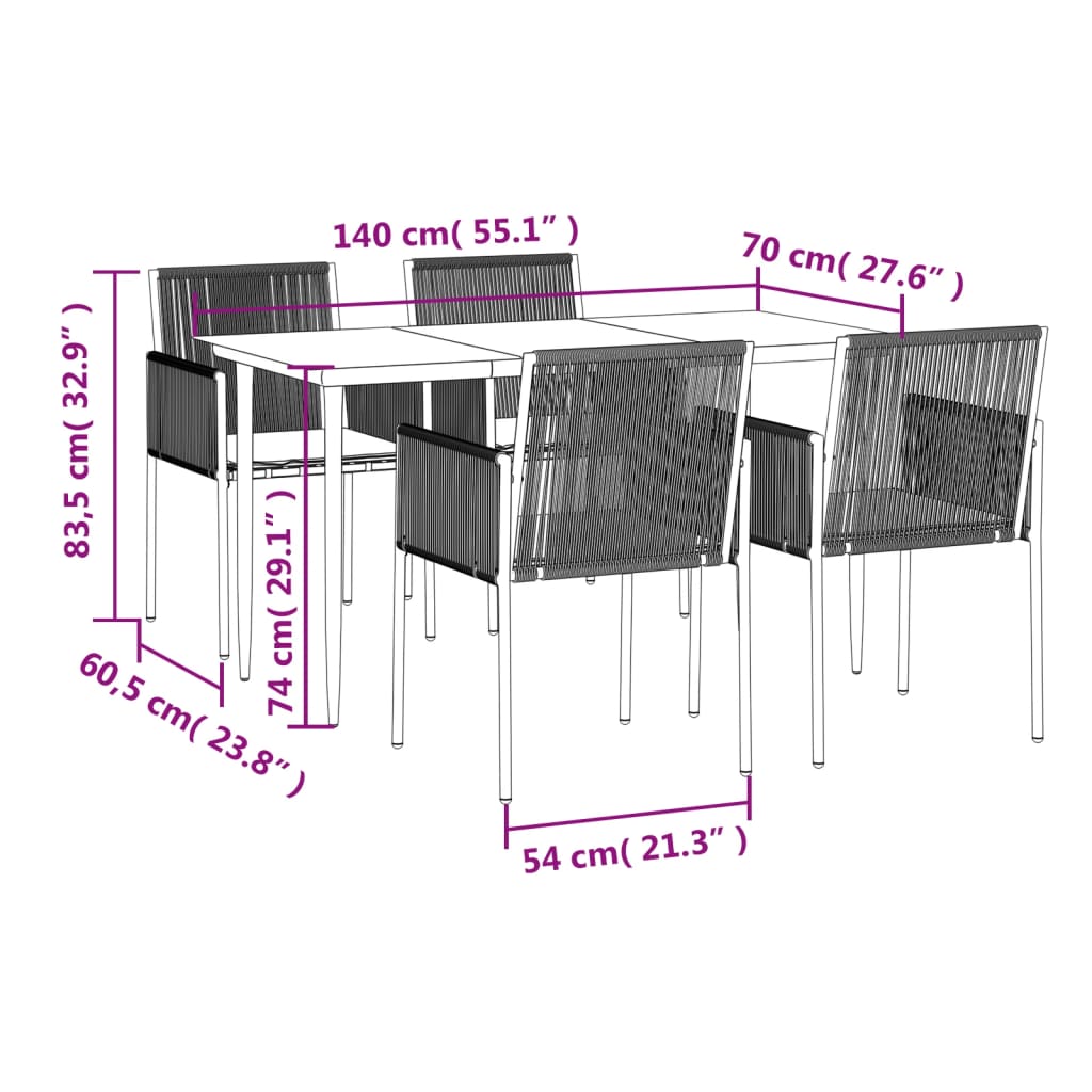 5-tlg. Garten-Essgruppe mit Kissen Schwarz Poly Rattan & Stahl