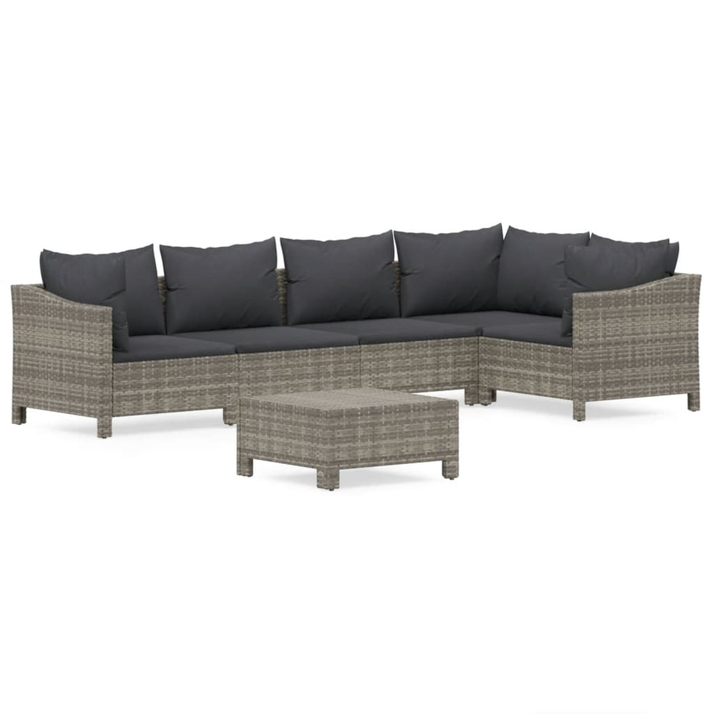 6-tlg. Garten-Lounge-Set mit Kissen Grau Poly Rattan