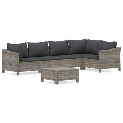 6-tlg. Garten-Lounge-Set mit Kissen Grau Poly Rattan