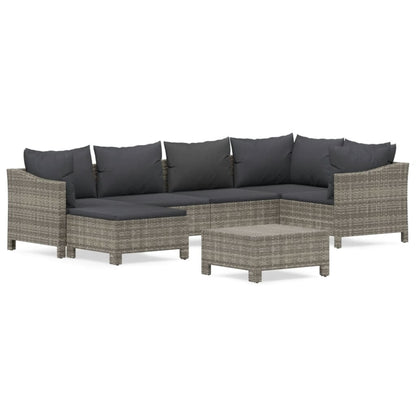 7-tlg. Garten-Lounge-Set mit Kissen Grau Poly Rattan