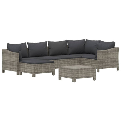 7-tlg. Garten-Lounge-Set mit Kissen Grau Poly Rattan