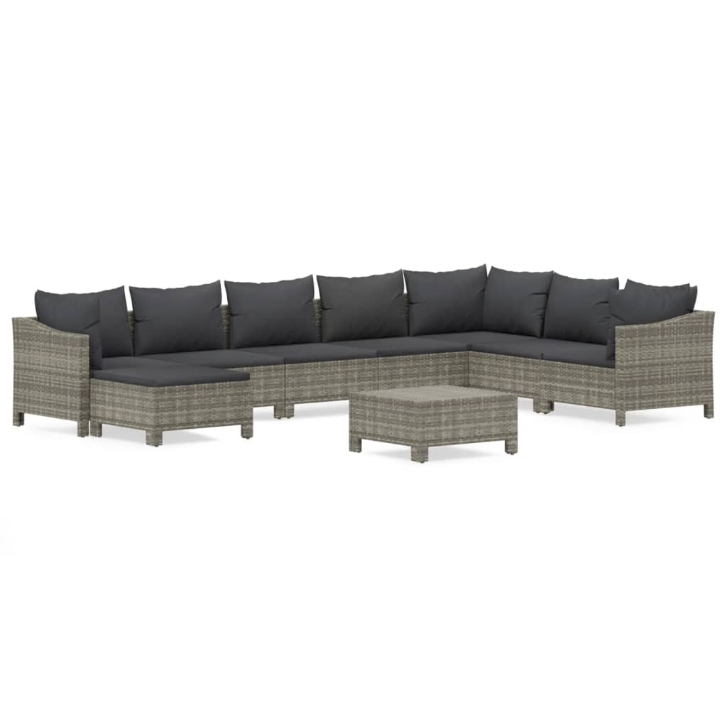 9-tlg. Garten-Lounge-Set mit Kissen Grau Poly Rattan