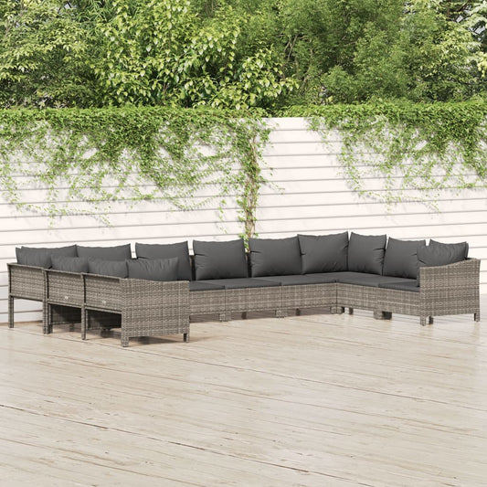 10 pièces. Salon de jardin avec coussins en polyrotin gris