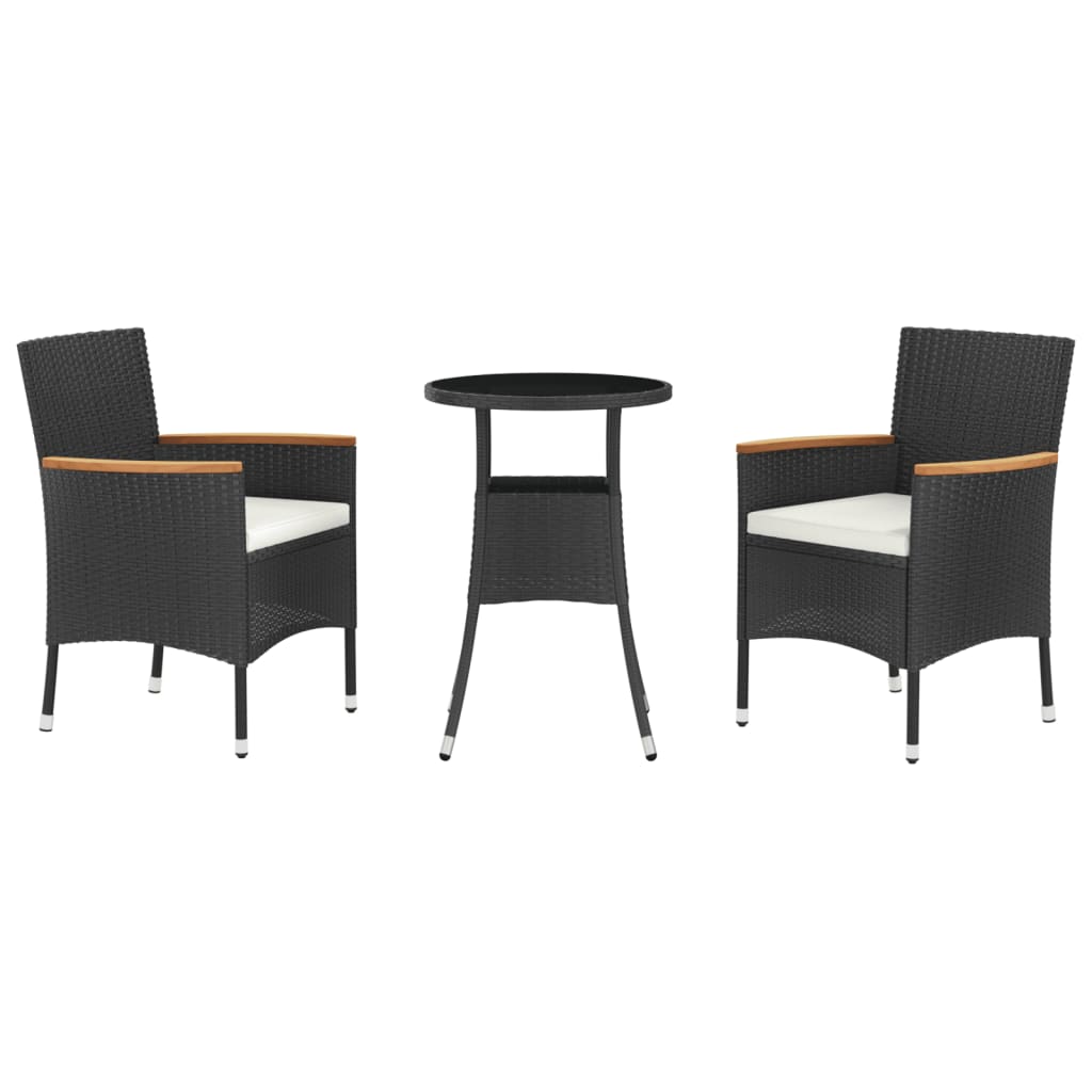 3-tlg. Garten-Bistro-Set mit Kissen Schwarz Poly Rattan