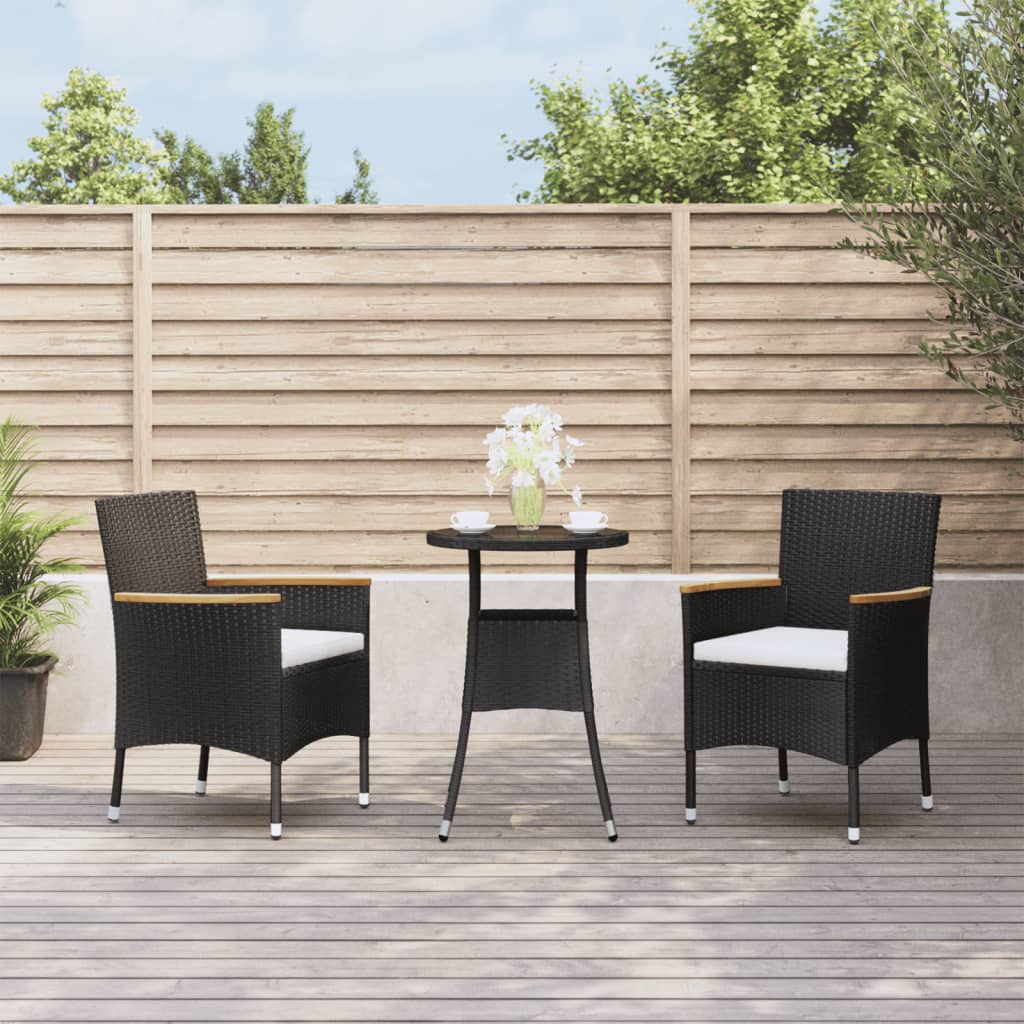 3-tlg. Garten-Bistro-Set mit Kissen Schwarz Poly Rattan