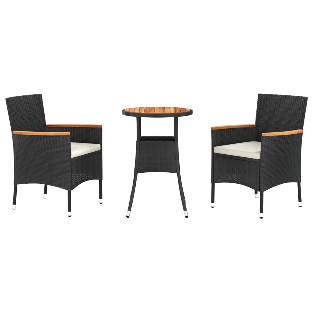 3-tlg. Garten-Bistro-Set mit Kissen Schwarz Poly Rattan