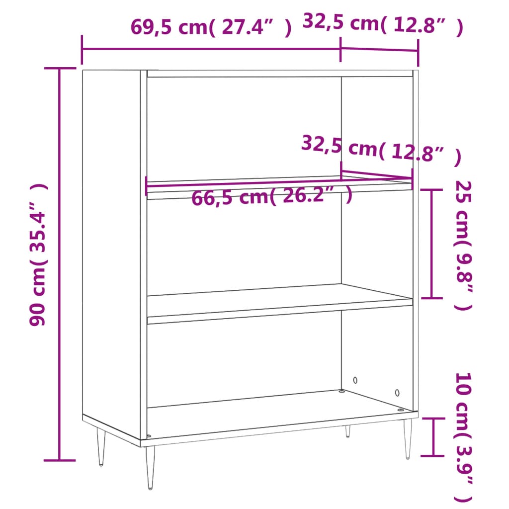 Bookcase High Gloss White 69.5x32.5x90 cm Wood Material