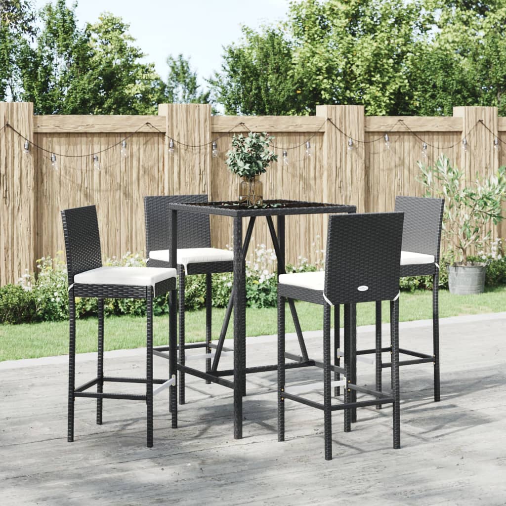 5-tlg. Gartenbar-Set mit Kissen Schwarz Poly Rattan