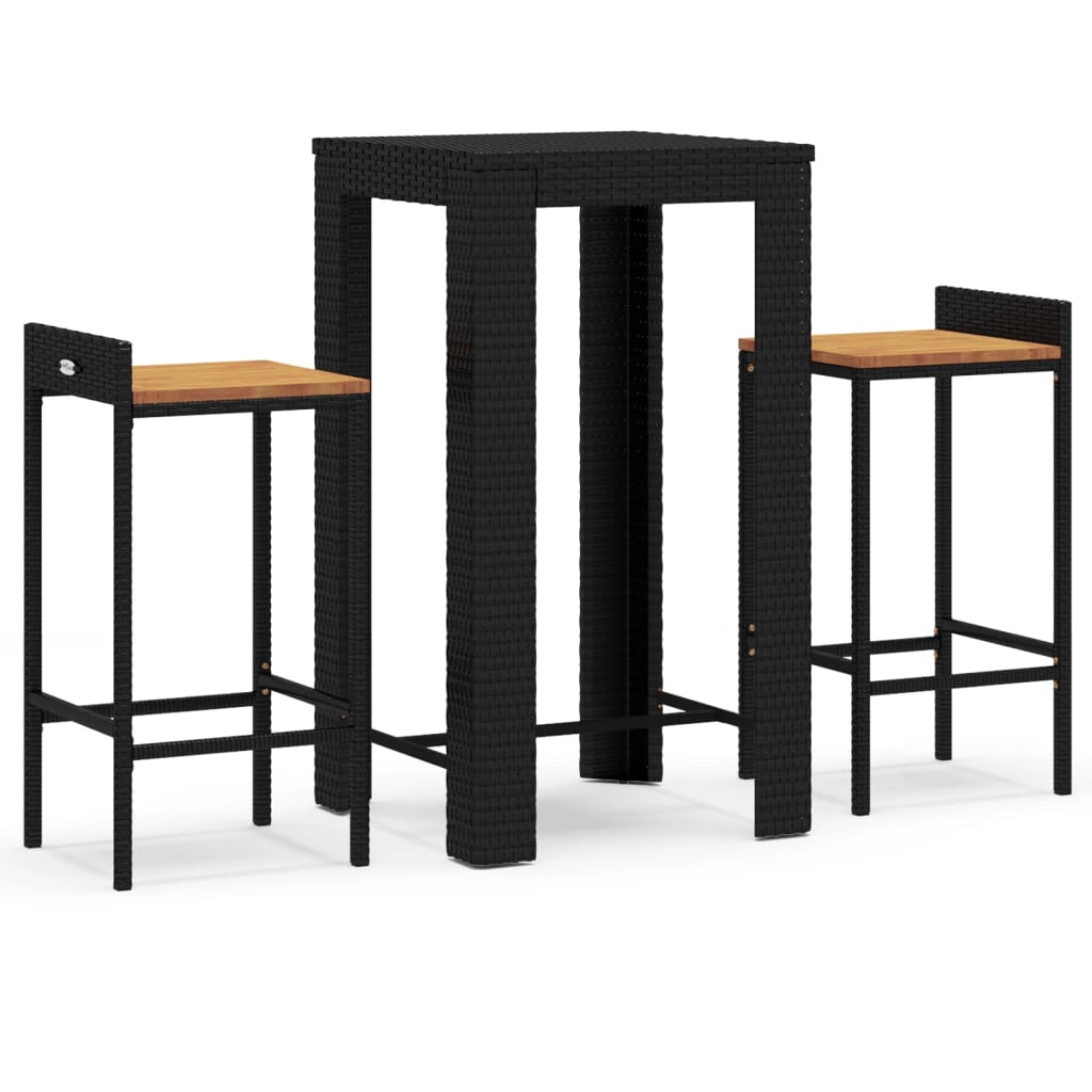 3-tlg. Gartenbar-Set Schwarz Poly Rattan & Massivholz Akazie