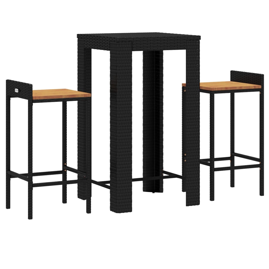 3-tlg. Gartenbar-Set Schwarz Poly Rattan & Massivholz Akazie