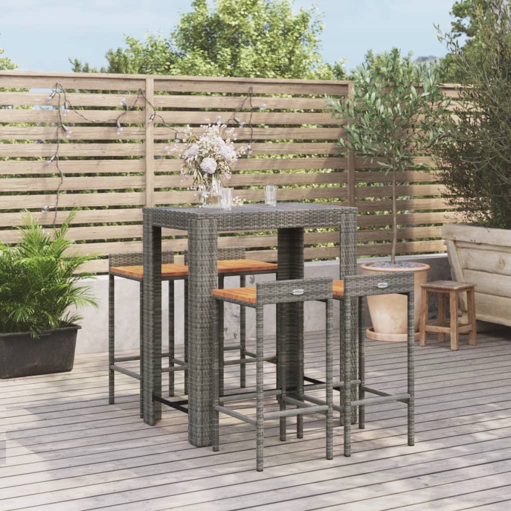 5-piece garden bar set grey poly rattan &amp; solid acacia wood