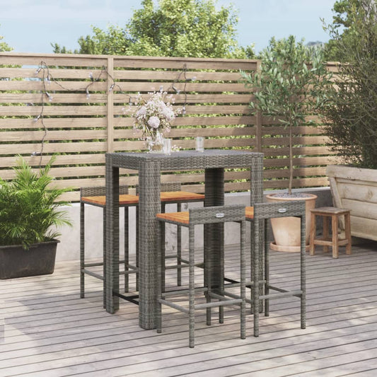 5-piece garden bar set grey poly rattan &amp; solid acacia wood