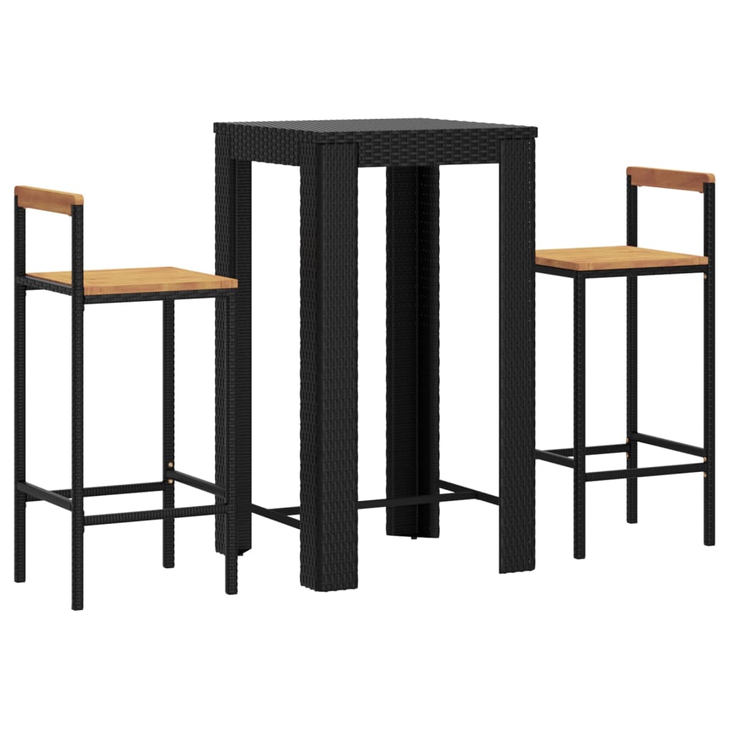 3-tlg. Gartenbar-Set Schwarz Poly Rattan & Massivholz Akazie