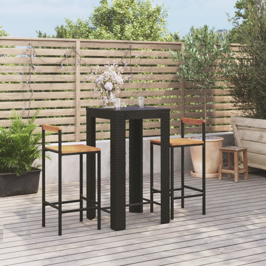 3-tlg. Gartenbar-Set Schwarz Poly Rattan & Massivholz Akazie