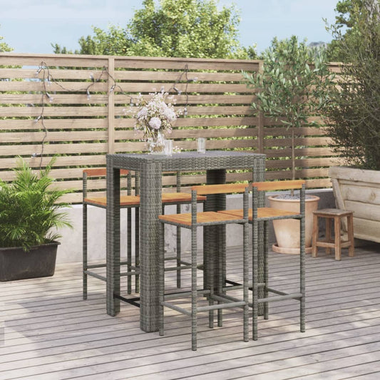 5-piece garden bar set grey poly rattan &amp; solid acacia wood