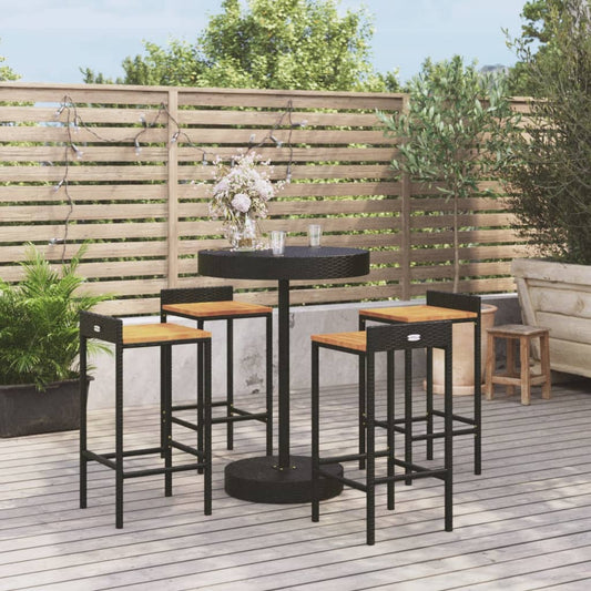 5-piece garden bar set, black, poly rattan and solid acacia wood