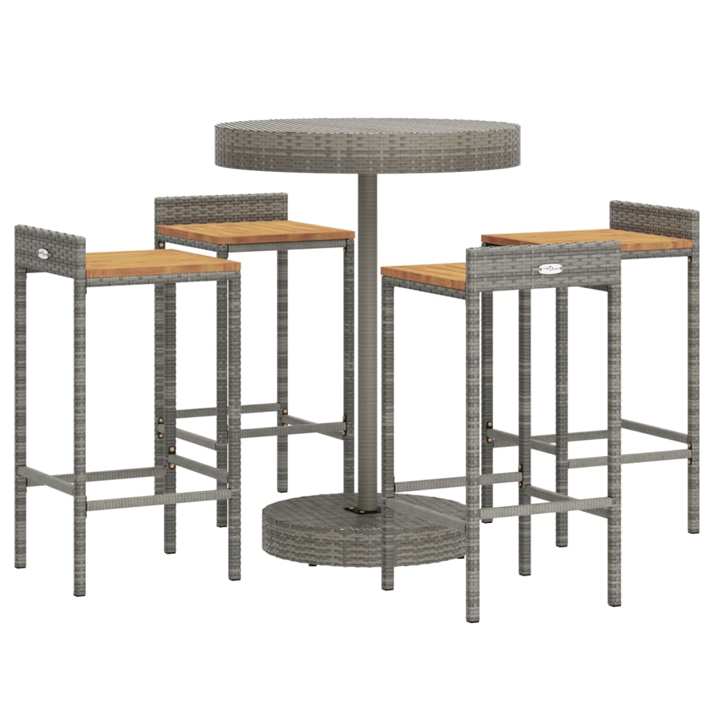 5-piece garden bar set grey poly rattan &amp; solid acacia wood
