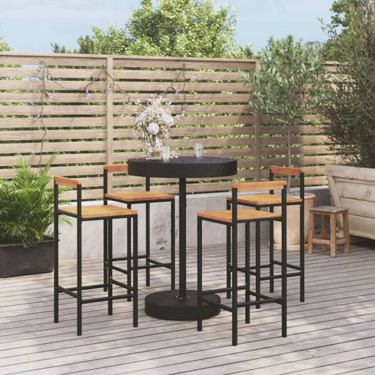 5-piece garden bar set, black, poly rattan and solid acacia wood