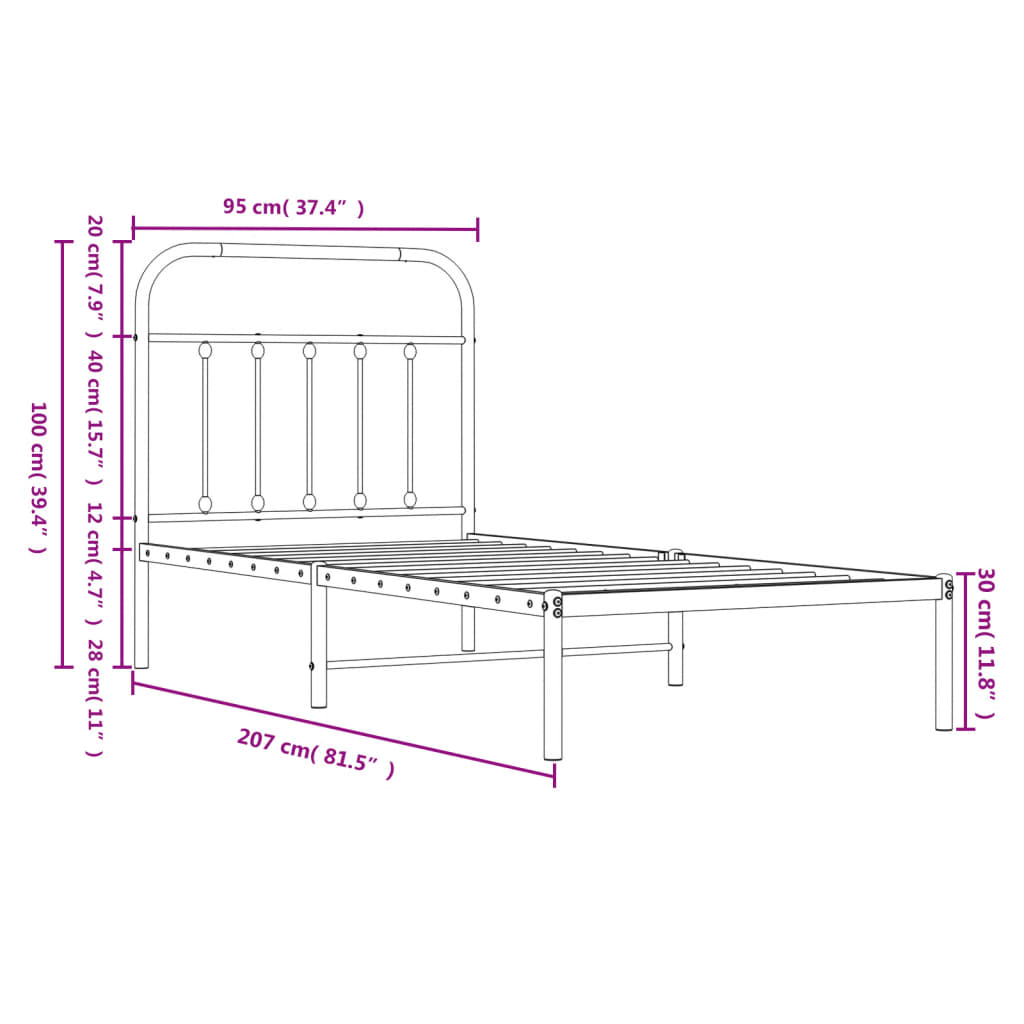 Bed frame with headboard metal black 90x200 cm