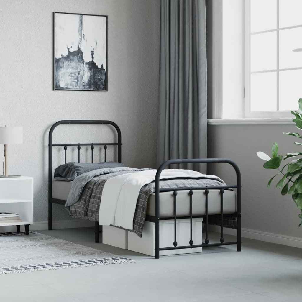 Bed frame with head and footboard metal black 75x190 cm