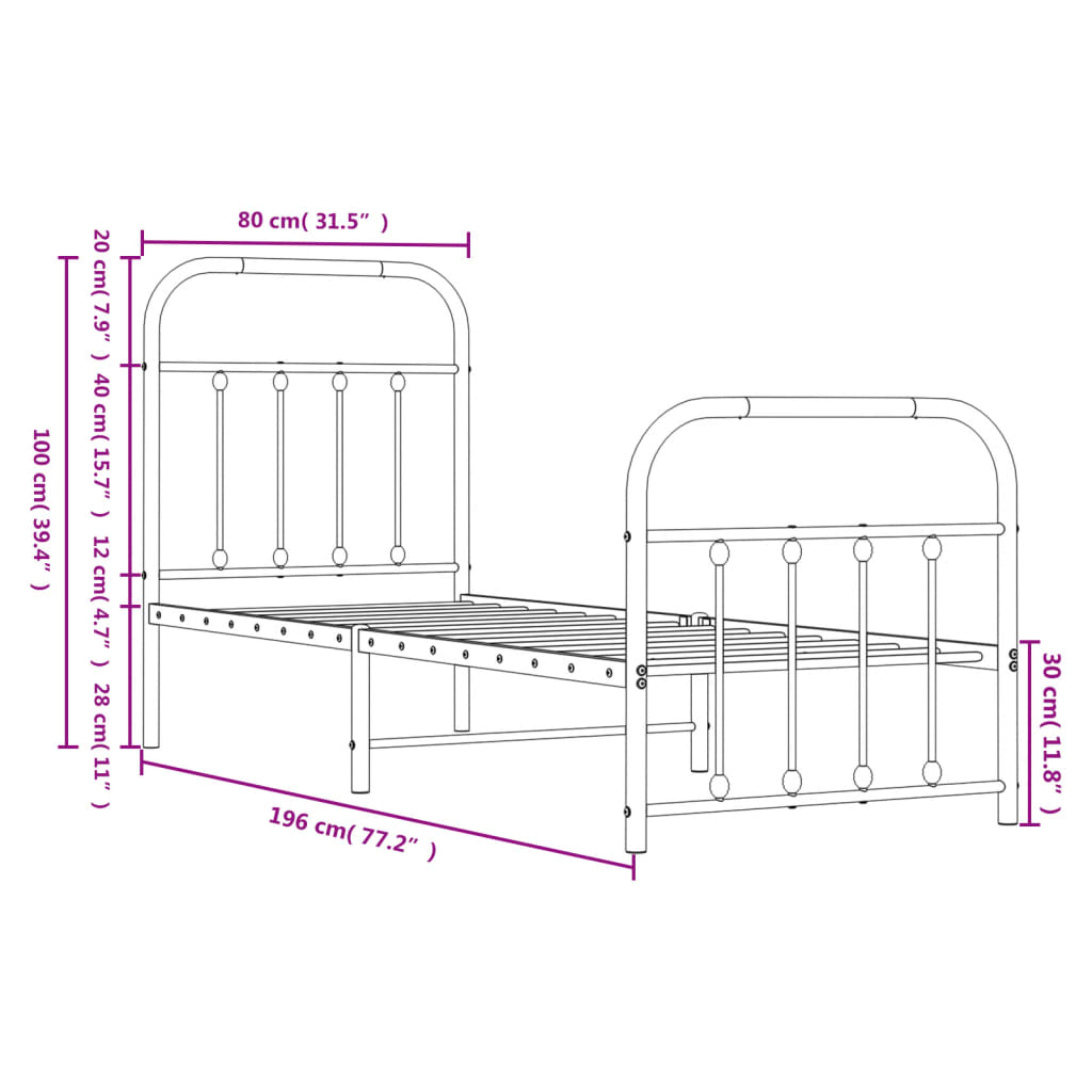 Bed frame with head and footboard metal black 75x190 cm