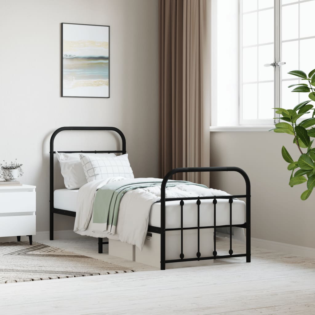 Bed frame with head and footboard metal black 75x190 cm