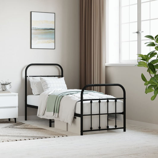Bed frame with head and footboard metal black 75x190 cm