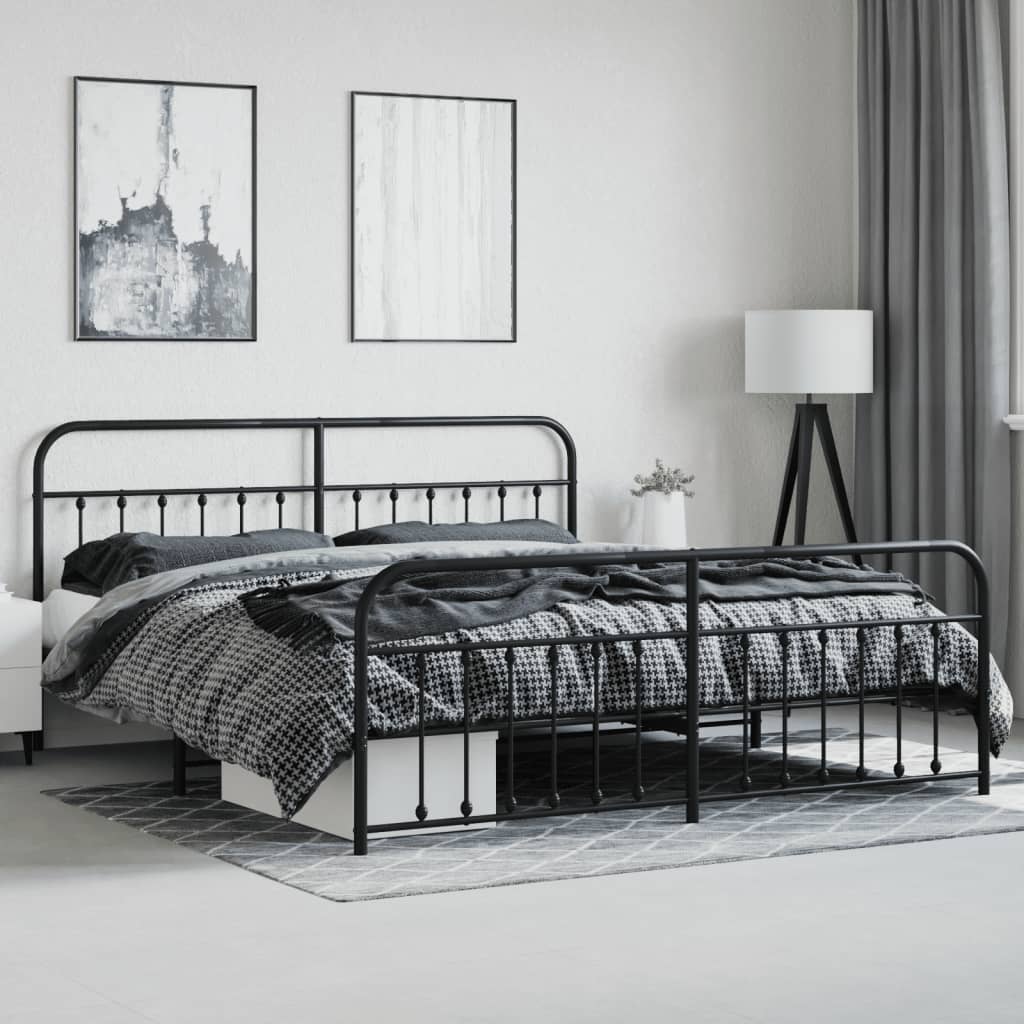 Bed frame with head and footboard metal black 200x200 cm