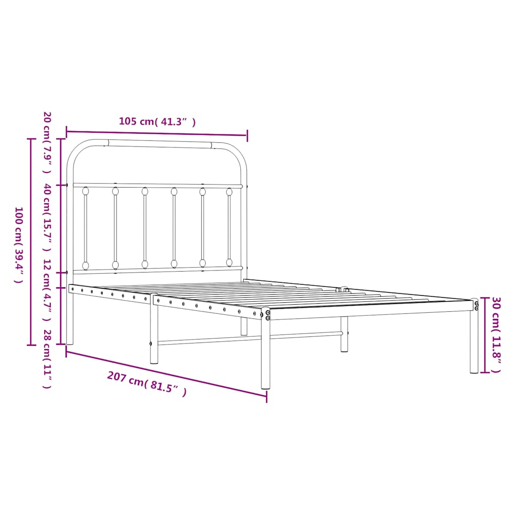 Bed frame with headboard metal white 100x200 cm