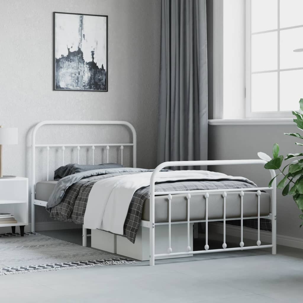 Bed frame with head and footboard metal white 107x203 cm