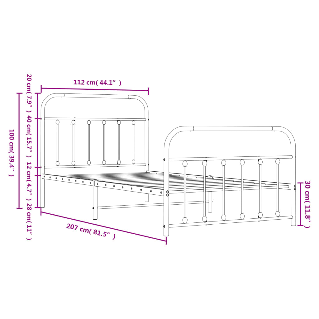 Bed frame with head and footboard metal white 107x203 cm