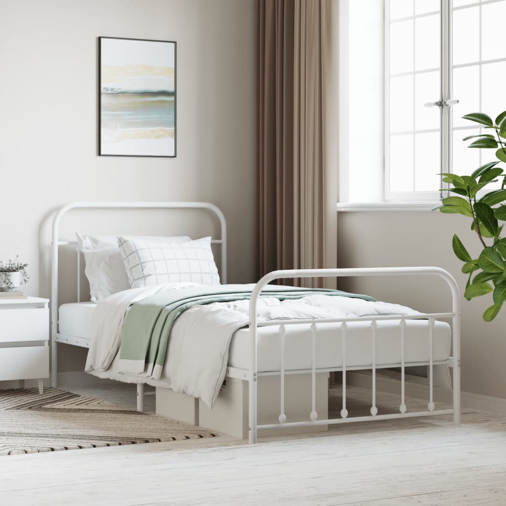 Bed frame with head and footboard metal white 107x203 cm