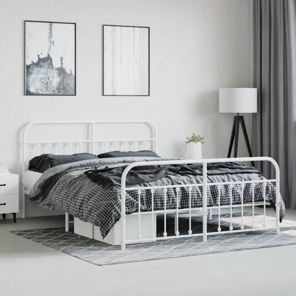 Bed frame with head and footboard metal white 183x213 cm