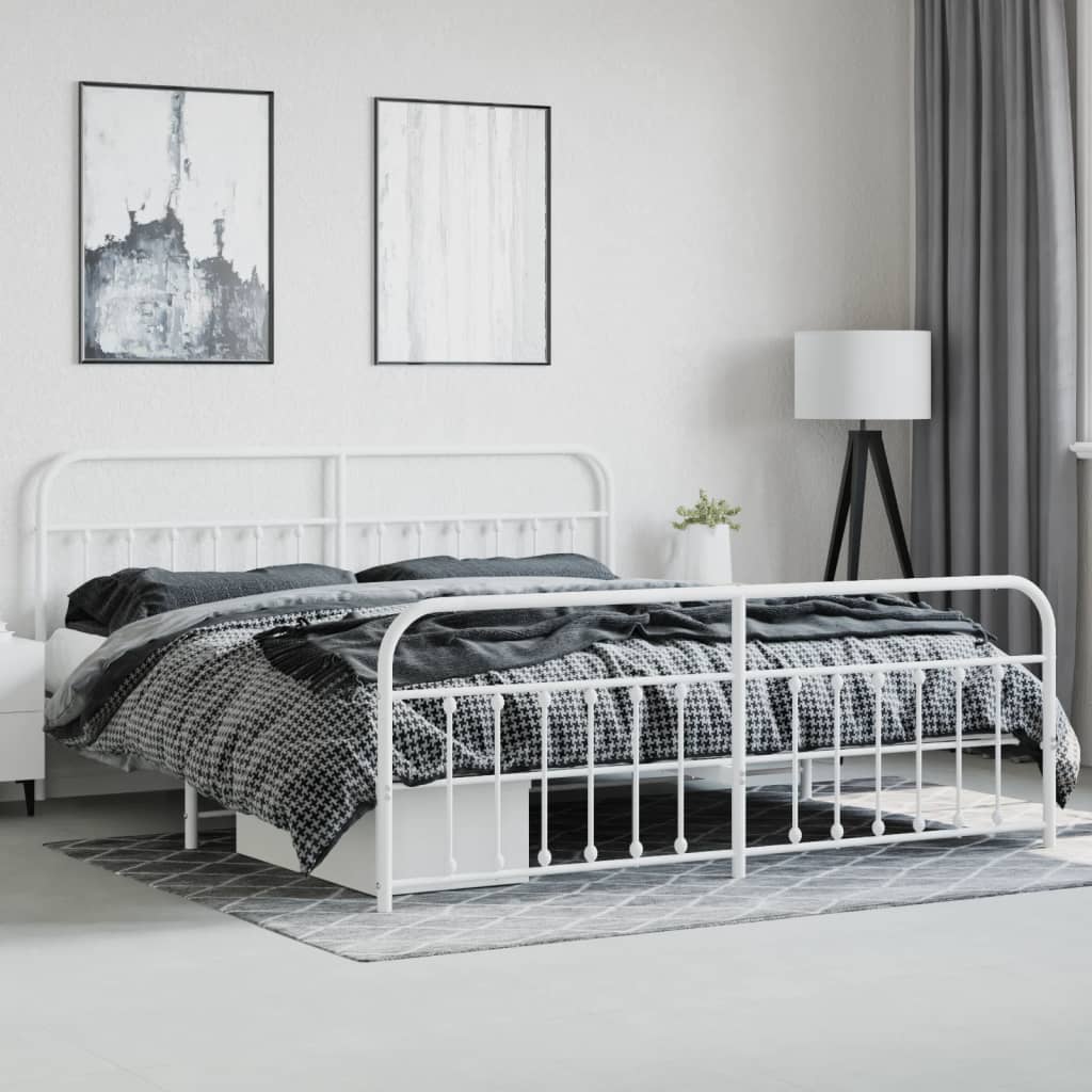 Bed frame with head and footboard metal white 193x203 cm
