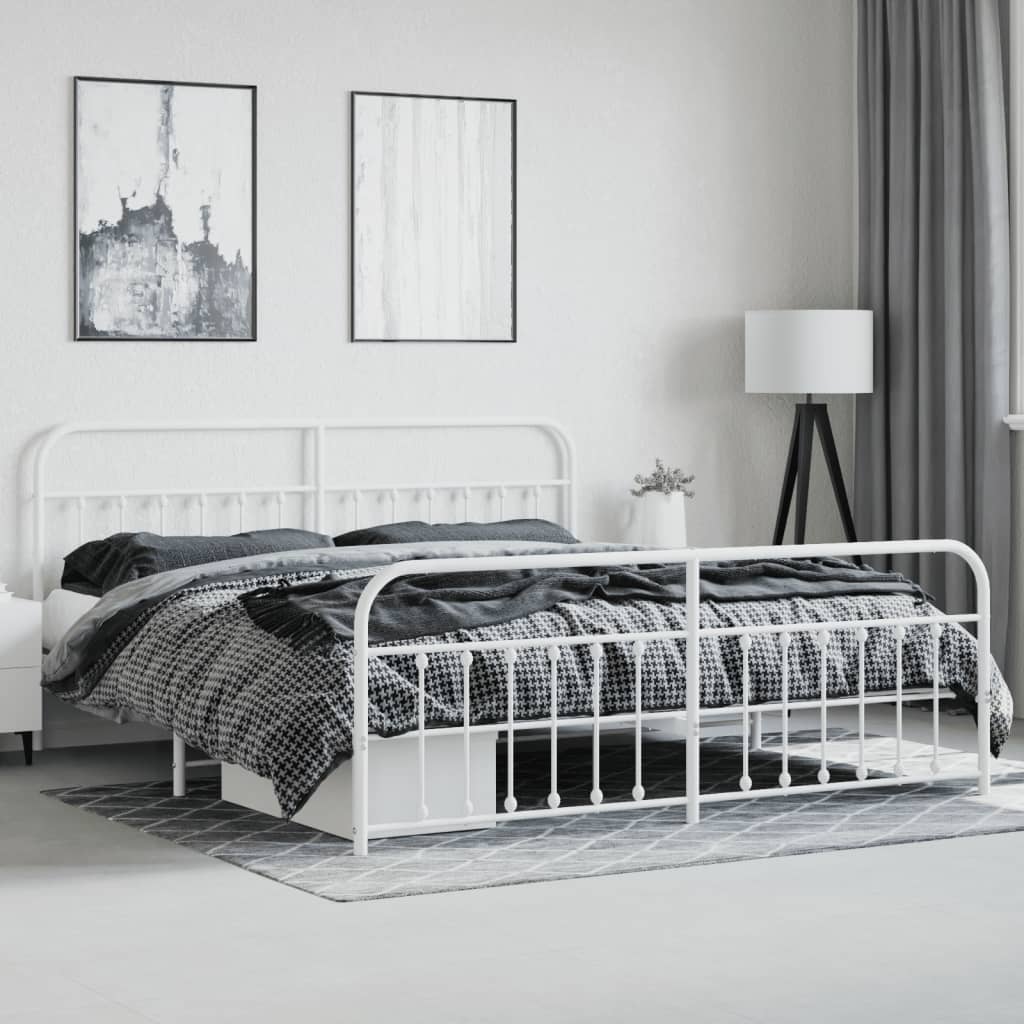 Bed frame with head and footboard metal white 200x200 cm