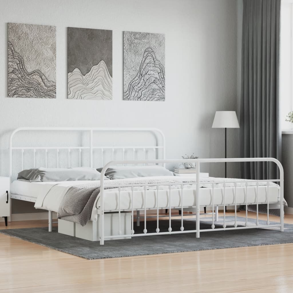 Bed frame with head and footboard metal white 200x200 cm