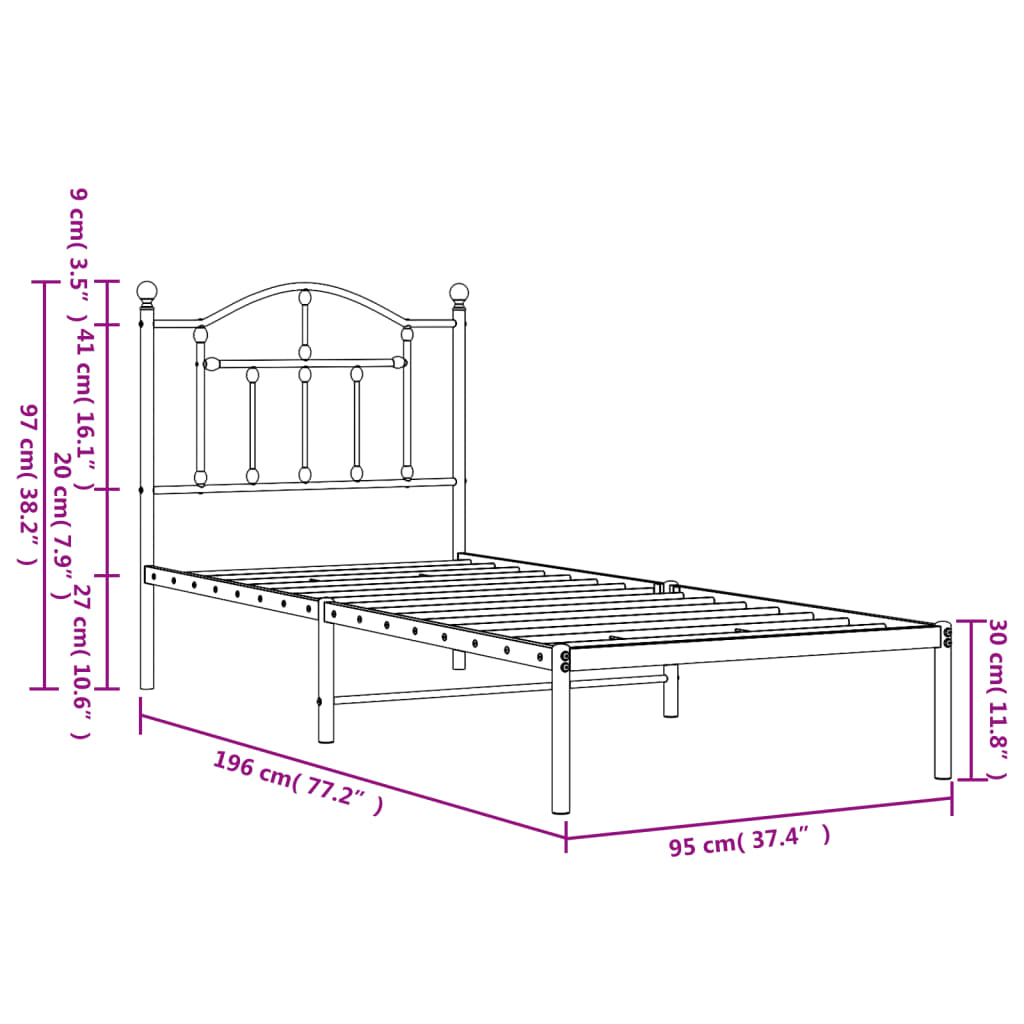 Bed frame with headboard metal black 90x190 cm