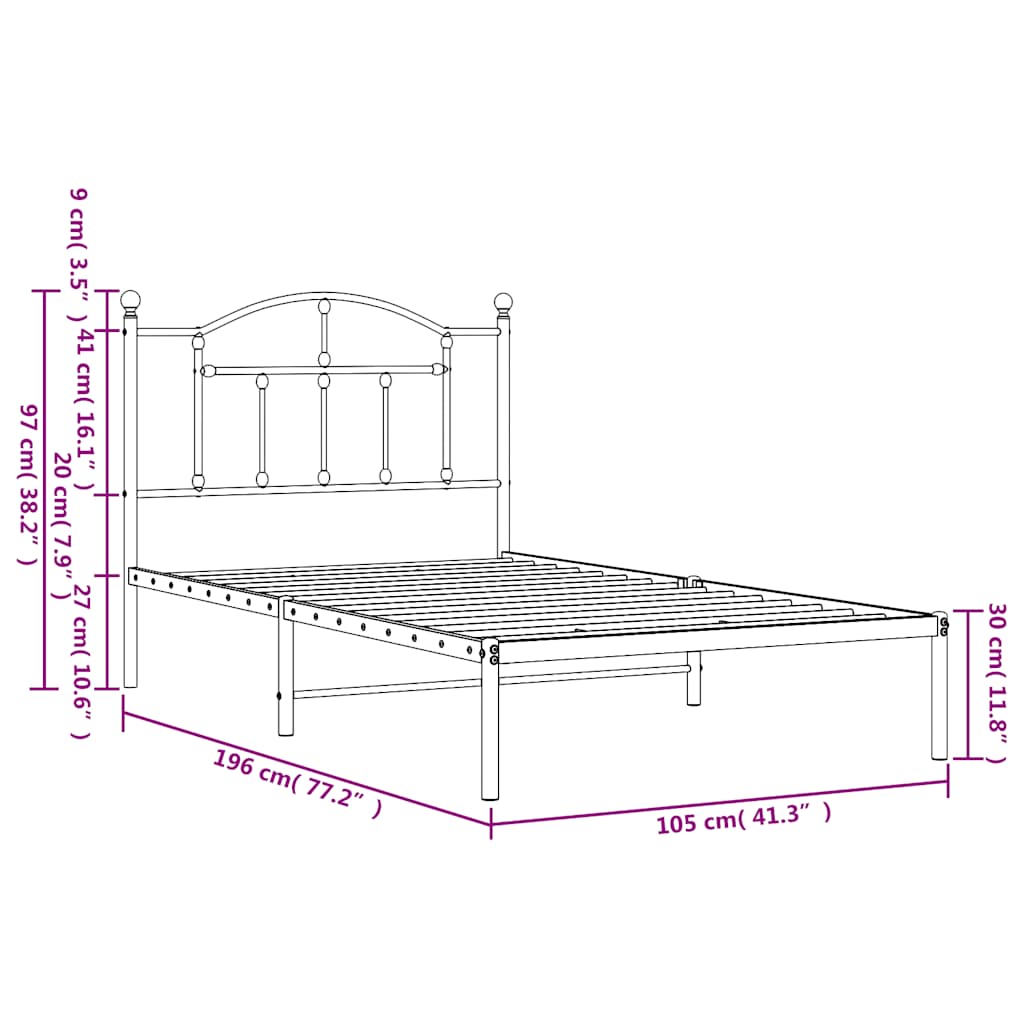 Bed frame with headboard metal black 100x190 cm