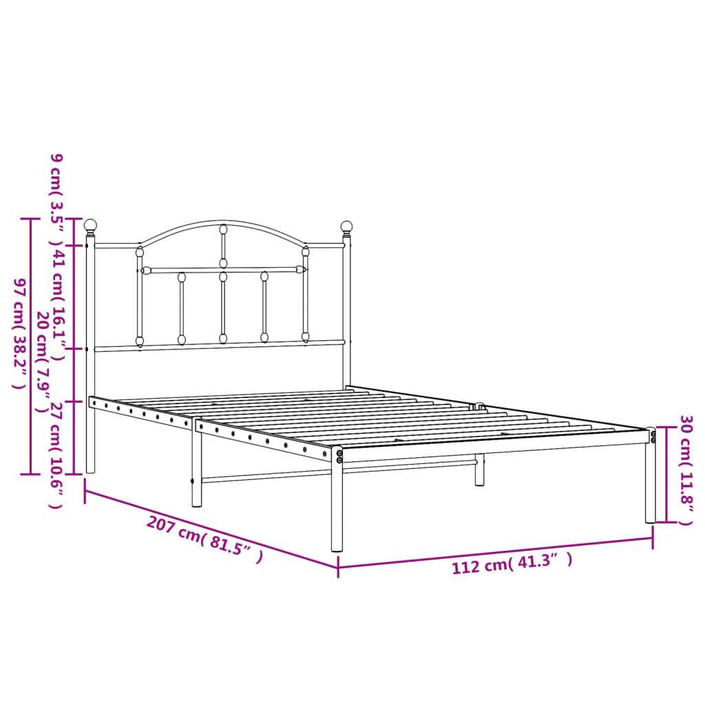 Bed frame with headboard metal black 107x203 cm