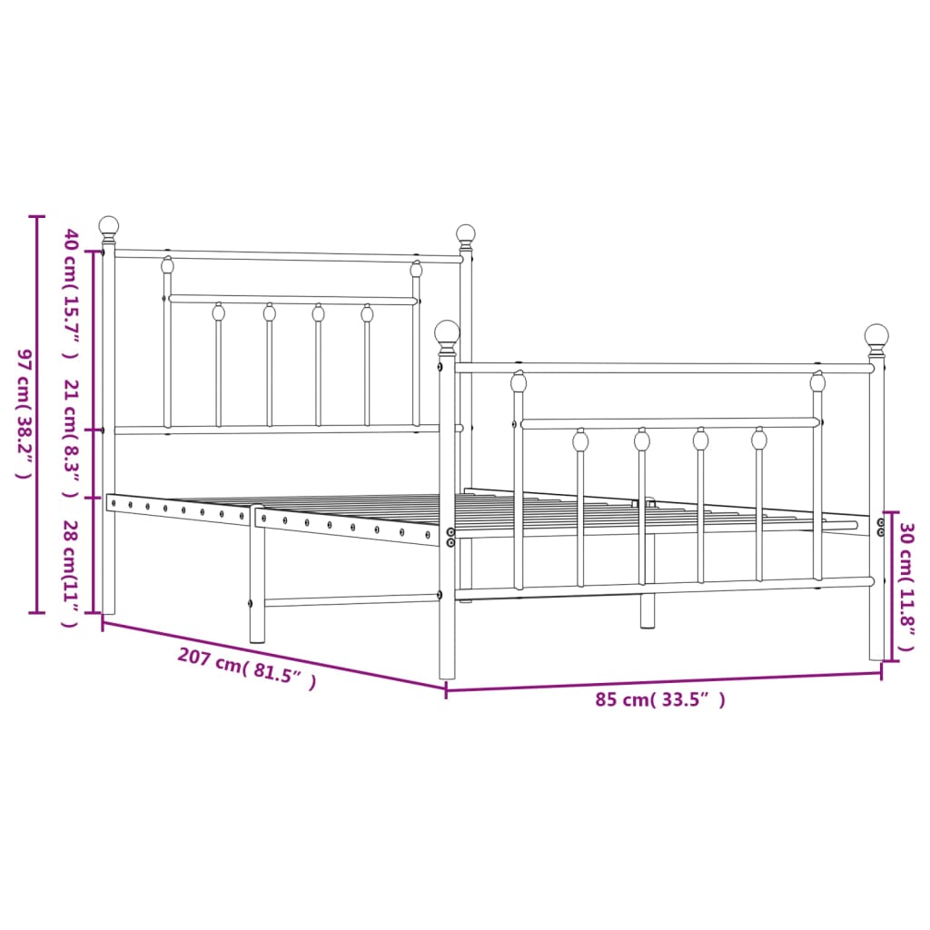 Bed frame with head and footboard metal black 80x200 cm