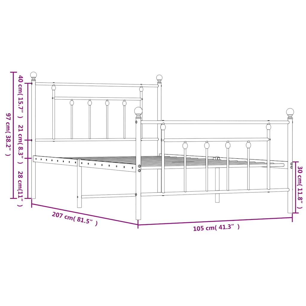 Bed frame with head and footboard metal black 100x200 cm