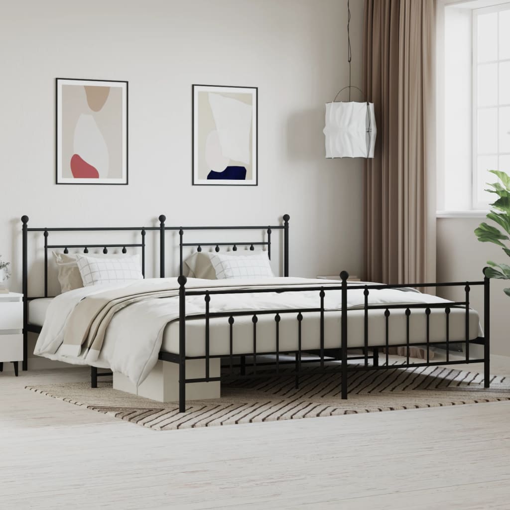 Bed frame with head and footboard metal black 200x200 cm