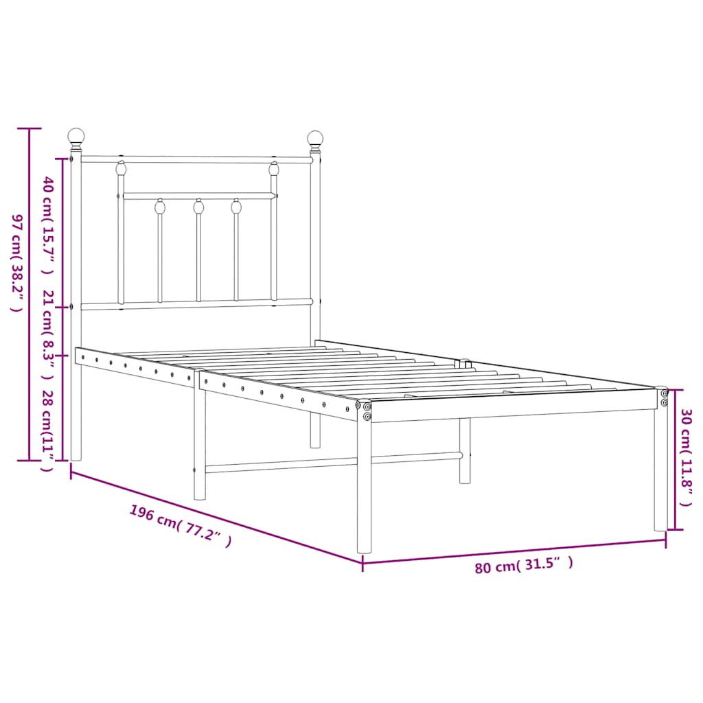 Metallbett ohne Matratze mit Kopfteil Weiß 75x190 cm