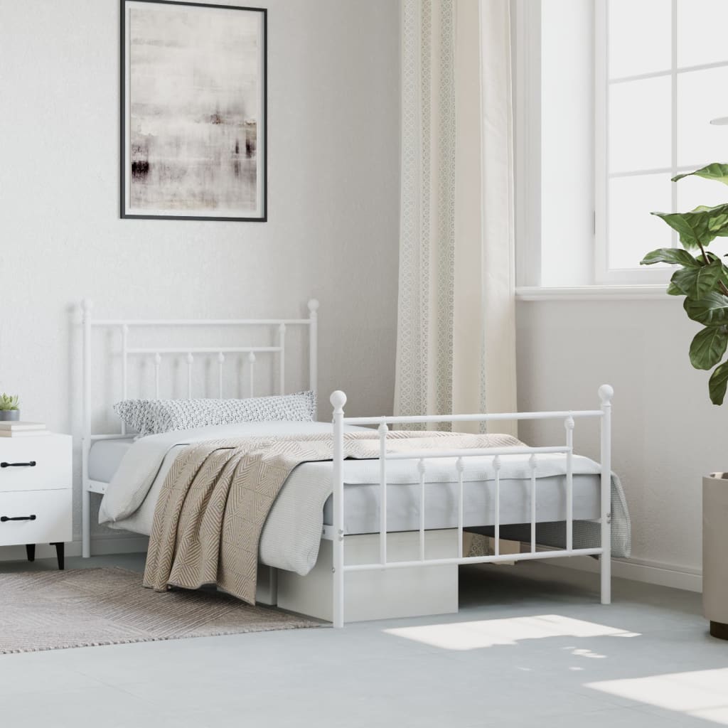 Bed frame with head and footboard metal white 100x190 cm