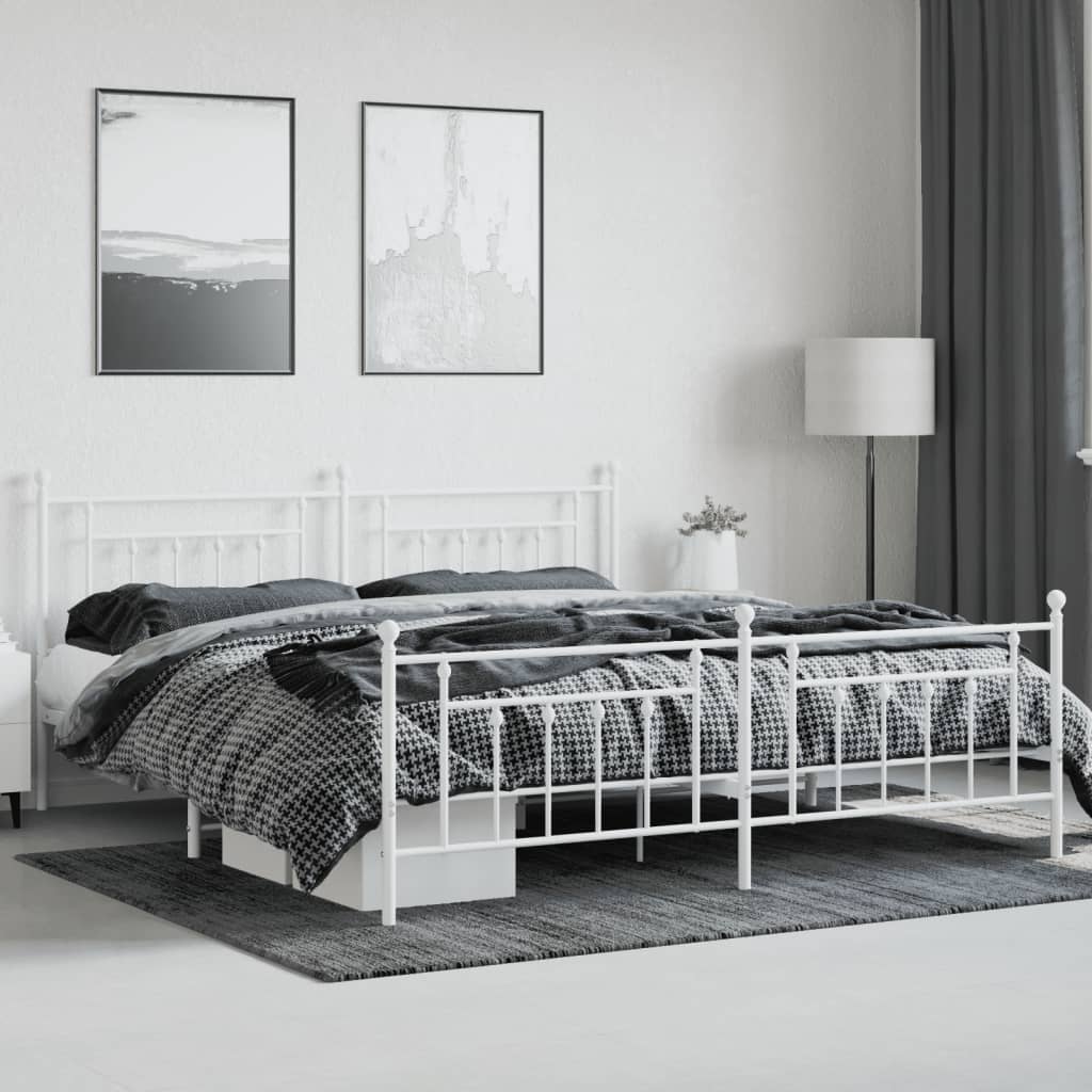 Bed frame with head and footboard metal white 193x203 cm