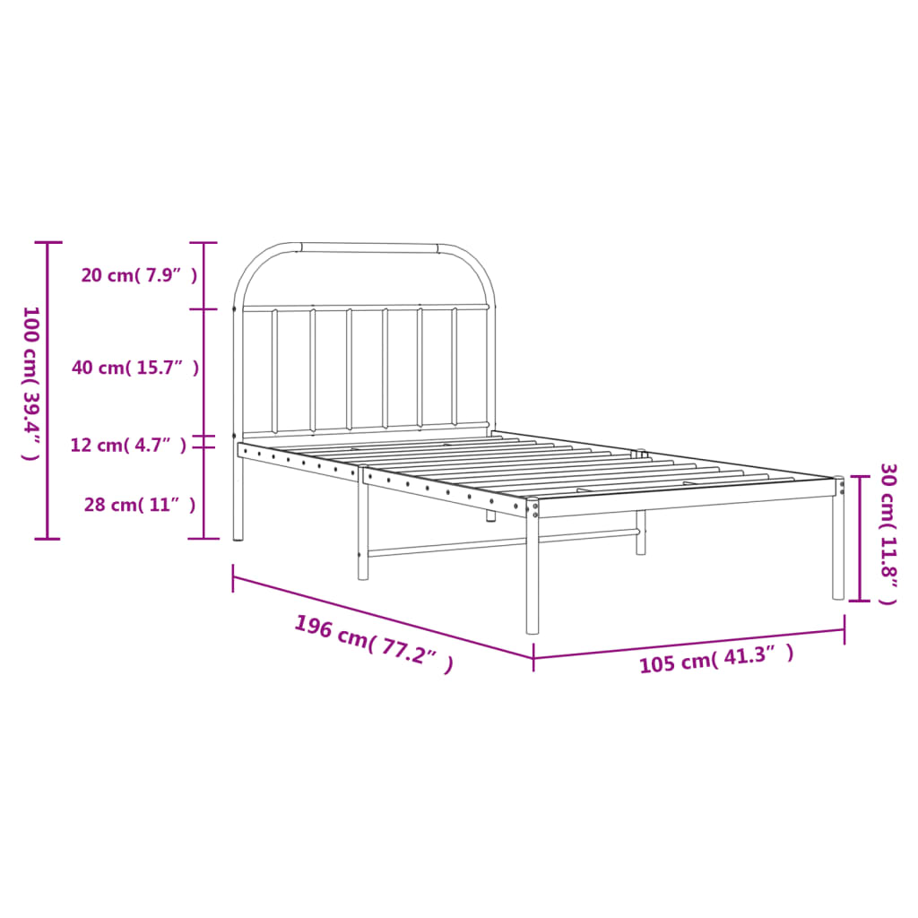 Bed frame with headboard metal black 100x190 cm