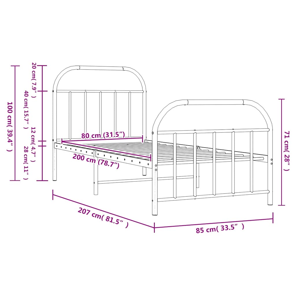 Bettgestell mit Kopf- und Fußteil Metall Schwarz 80x200 cm